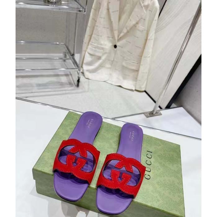 G*u*i unisex interlocking g cut-out slide sandal red purple suede flat