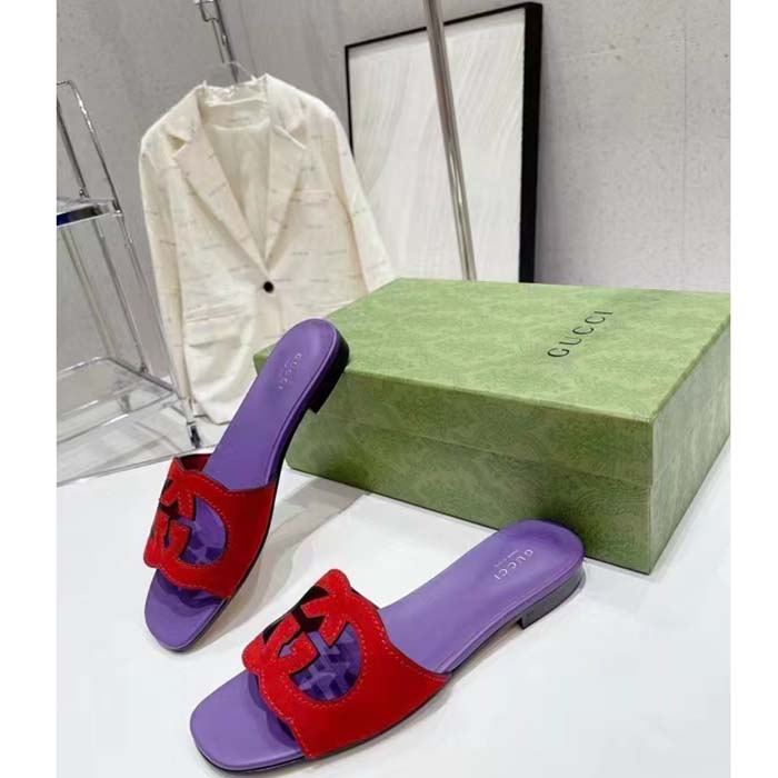 G*u*i unisex interlocking g cut-out slide sandal red purple suede flat