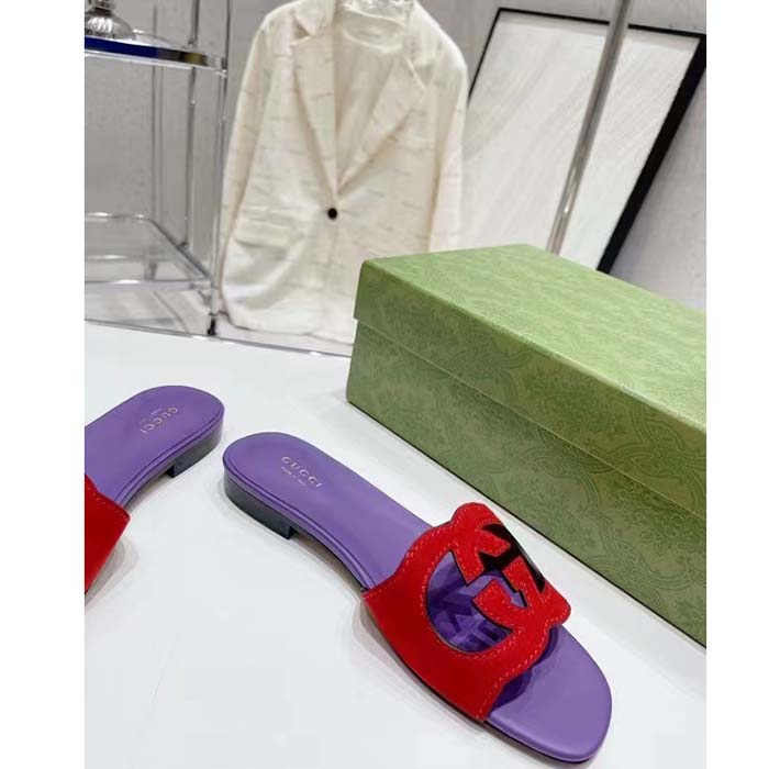 G*u*i unisex interlocking g cut-out slide sandal red purple suede flat