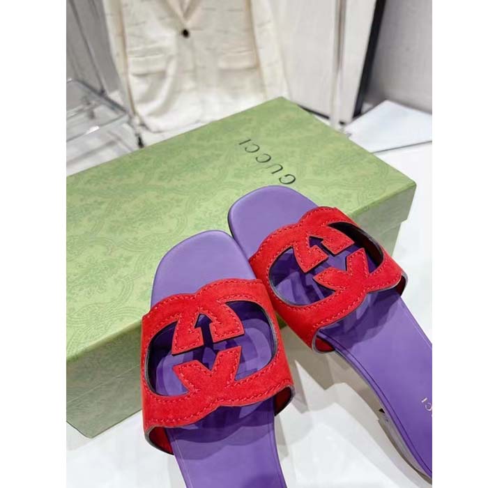 G*u*i unisex interlocking g cut-out slide sandal red purple suede flat