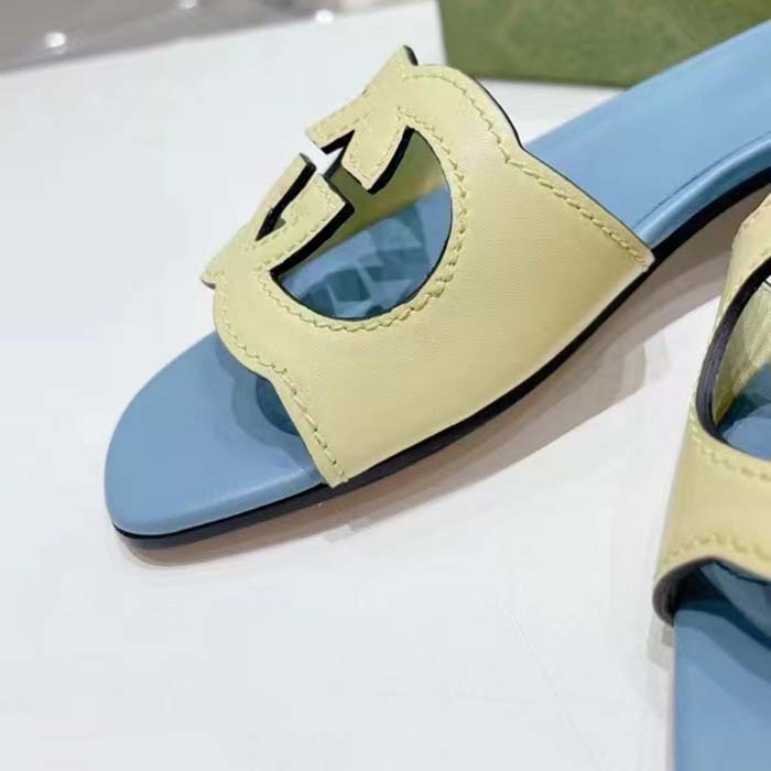 G*u*i unisex interlocking g cut-out slide sandal yellow light blue suede flat