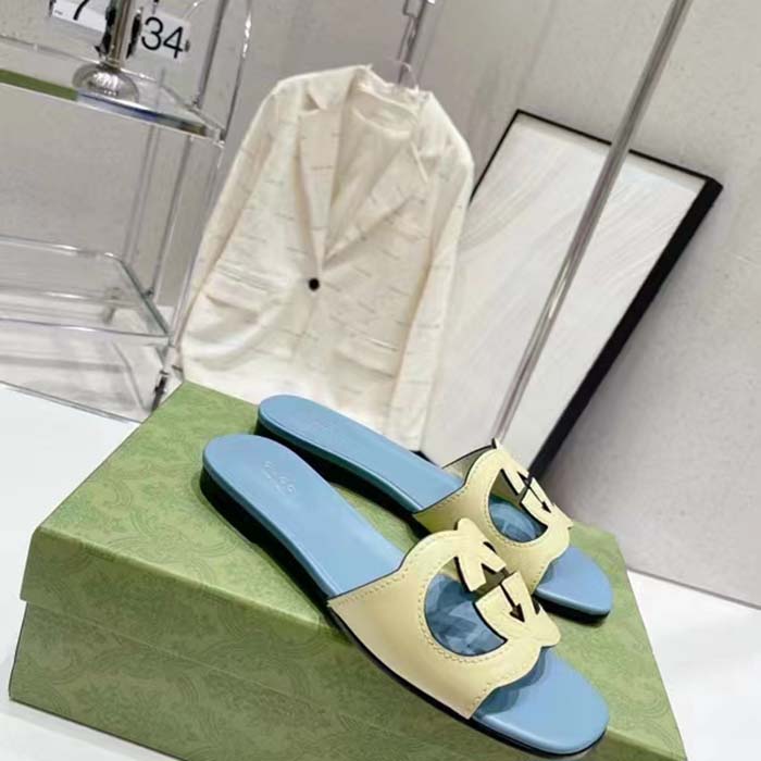 G*u*i unisex interlocking g cut-out slide sandal yellow light blue suede flat
