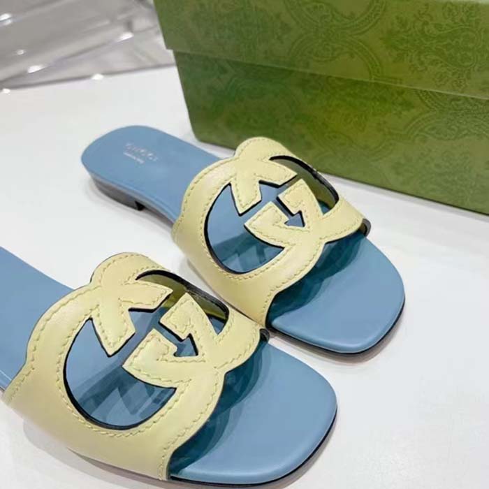 G*u*i unisex interlocking g cut-out slide sandal yellow light blue suede flat