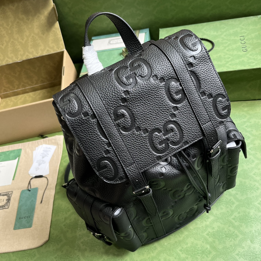 G*u*i unisex jumbo gg backpack black leather cotton linen top handle