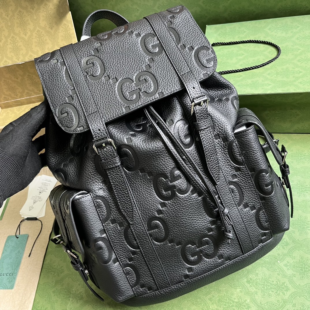 G*u*i unisex jumbo gg backpack black leather cotton linen top handle