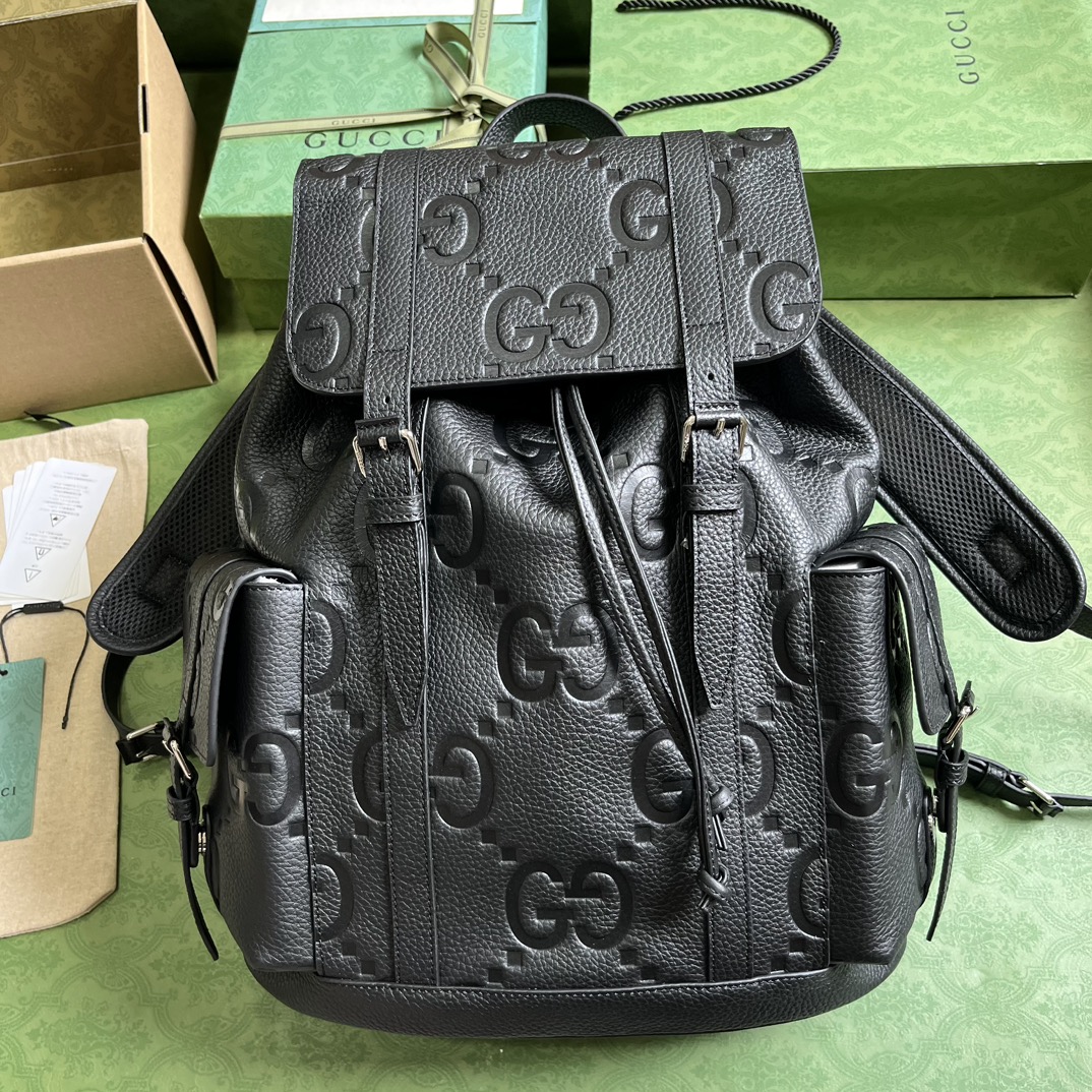 G*u*i unisex jumbo gg backpack black leather cotton linen top handle