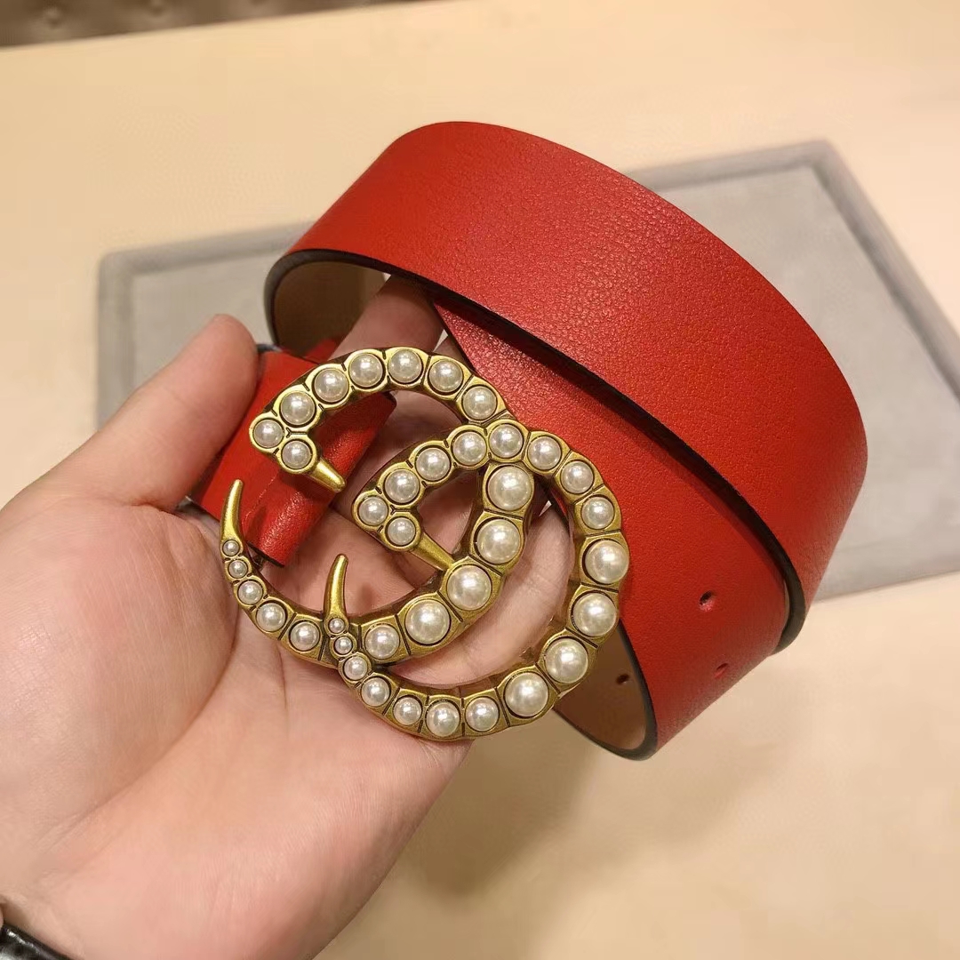 G*u*i unisex leather belt pearl double g red 3.8 cm width