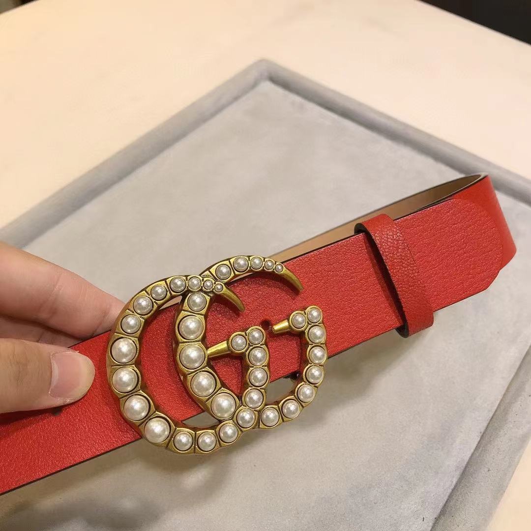 G*u*i unisex leather belt pearl double g red 3.8 cm width