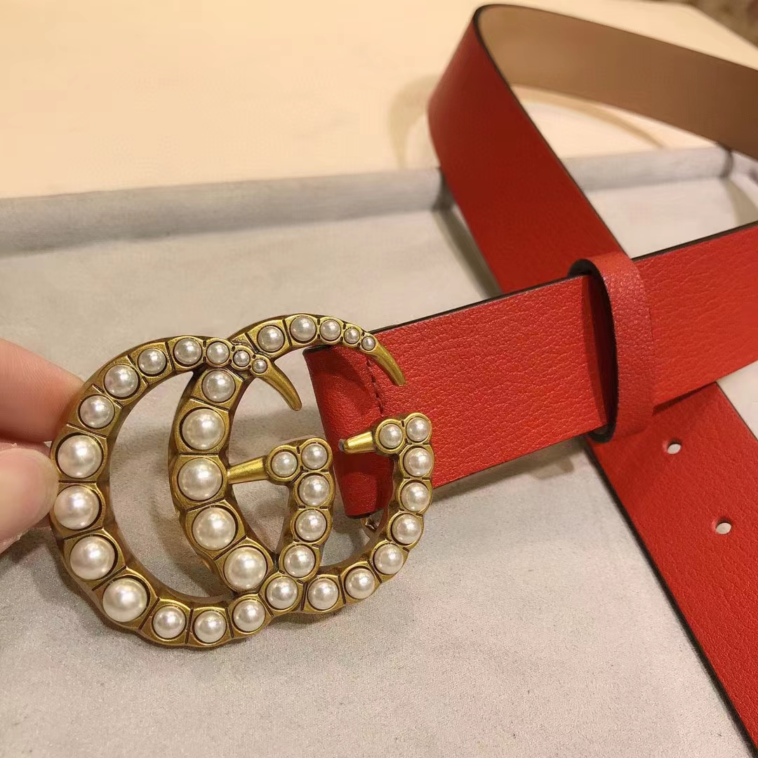 G*u*i unisex leather belt pearl double g red 3.8 cm width