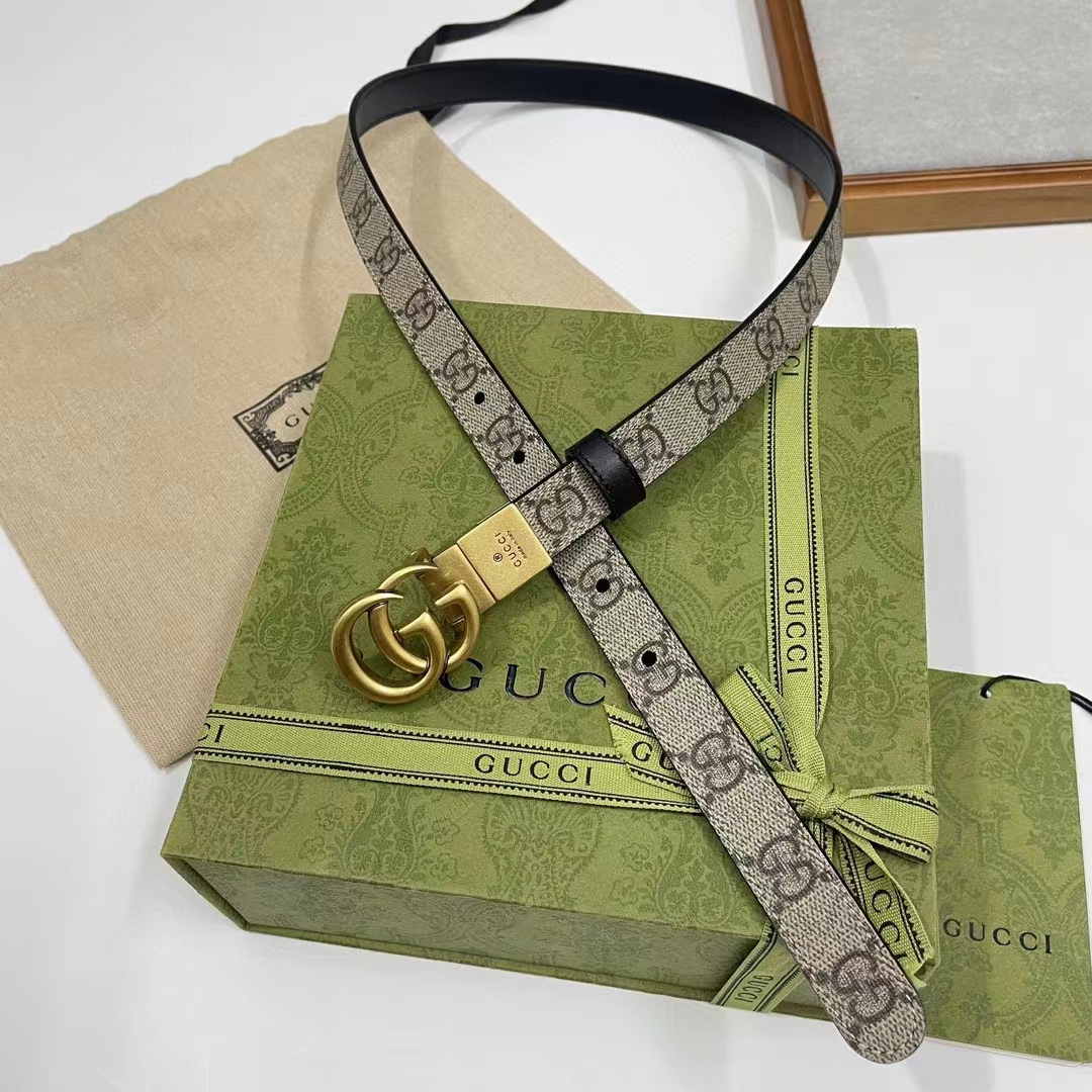 G*u*i unisex marmont reversible thin belt black beige ebony gg supreme canvas
