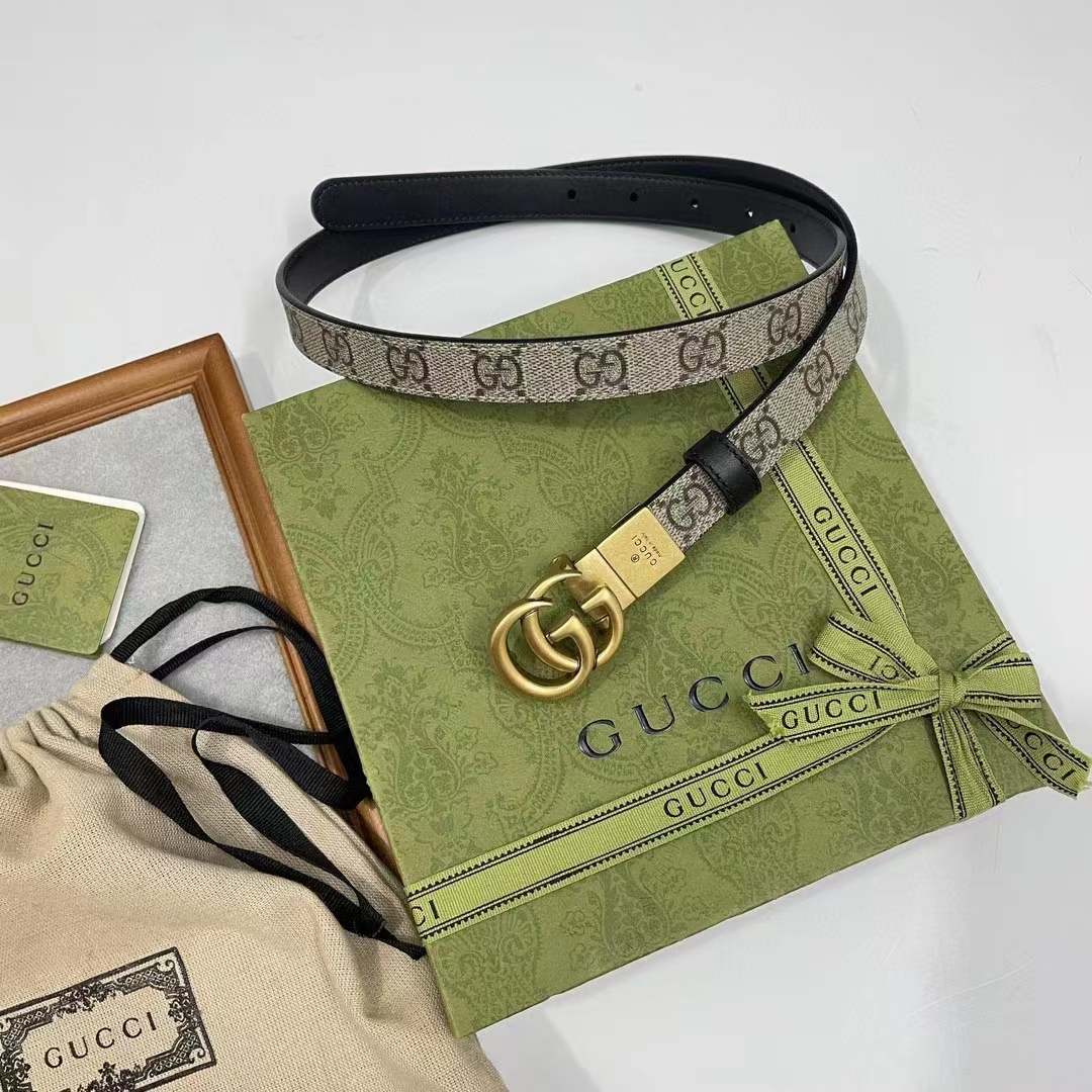 G*u*i unisex marmont reversible thin belt black beige ebony gg supreme canvas
