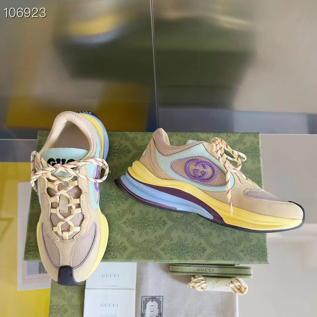 G*u*i unisex run sneaker yellow suede interlocking g bi-color rubbe low heel