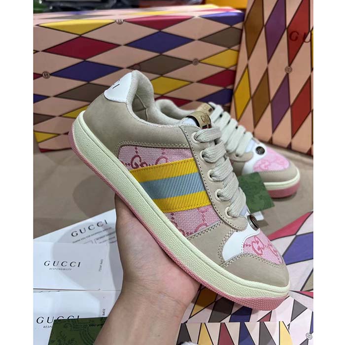G*u*i unisex screener gg sneaker light pink canvas beige suede bi-color rubber flat