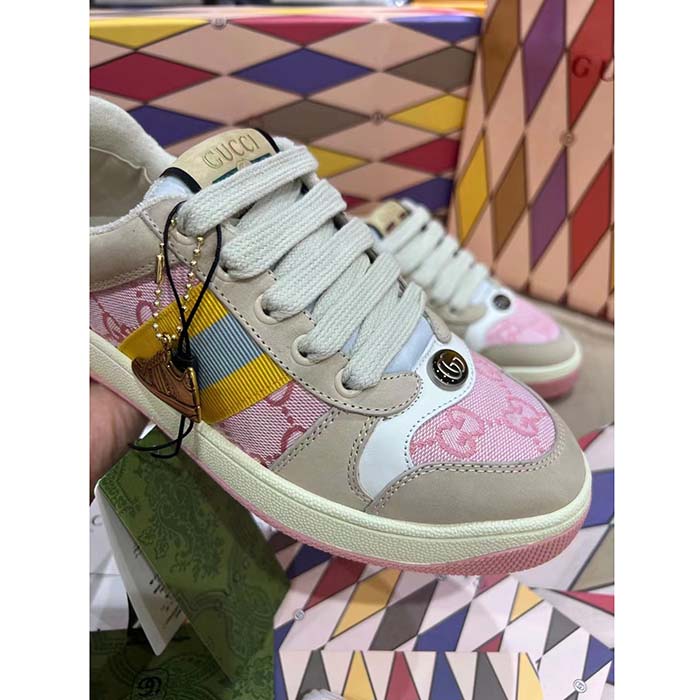 G*u*i unisex screener gg sneaker light pink canvas beige suede bi-color rubber flat