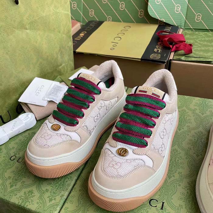 G*u*i unisex screener sneaker white gg lamé canvas bi-color chunky laces