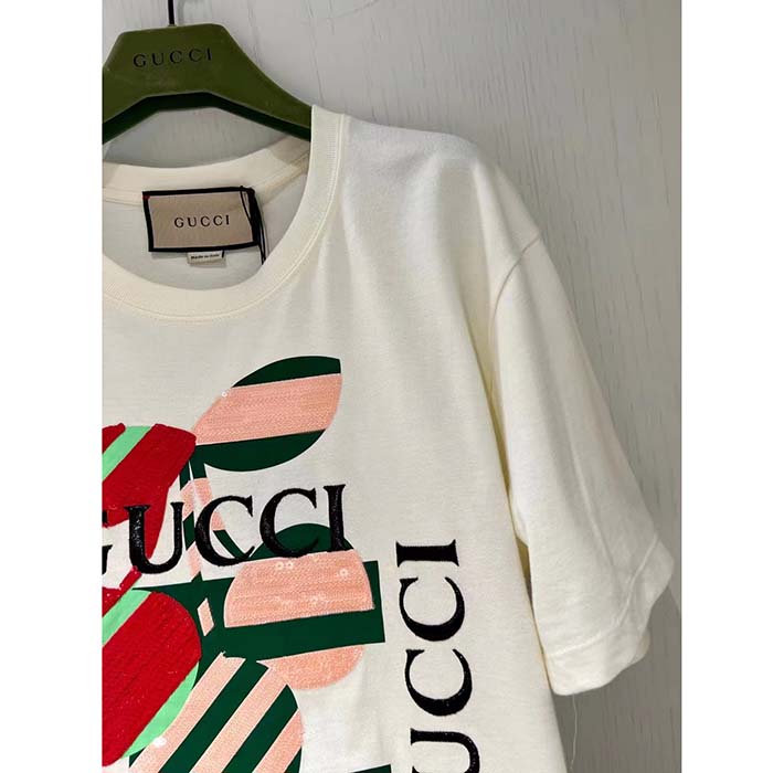 G*u*i women gg cotton jersey printed t-shirt off white cherry sequin embroidery