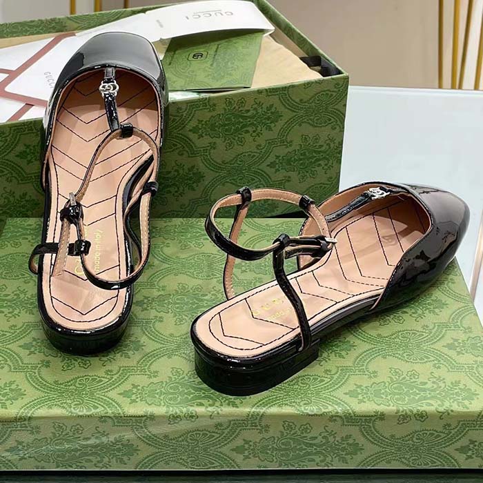 G*u*i women gg double g ballet flat black patent leather square toe