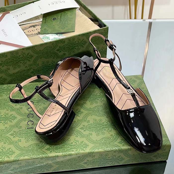 G*u*i women gg double g ballet flat black patent leather square toe