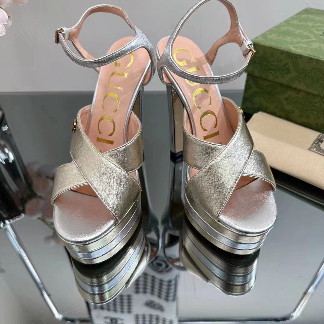 G*u*i women gg horsebit platform sandal gold silver metallic leather high 13 cm heel
