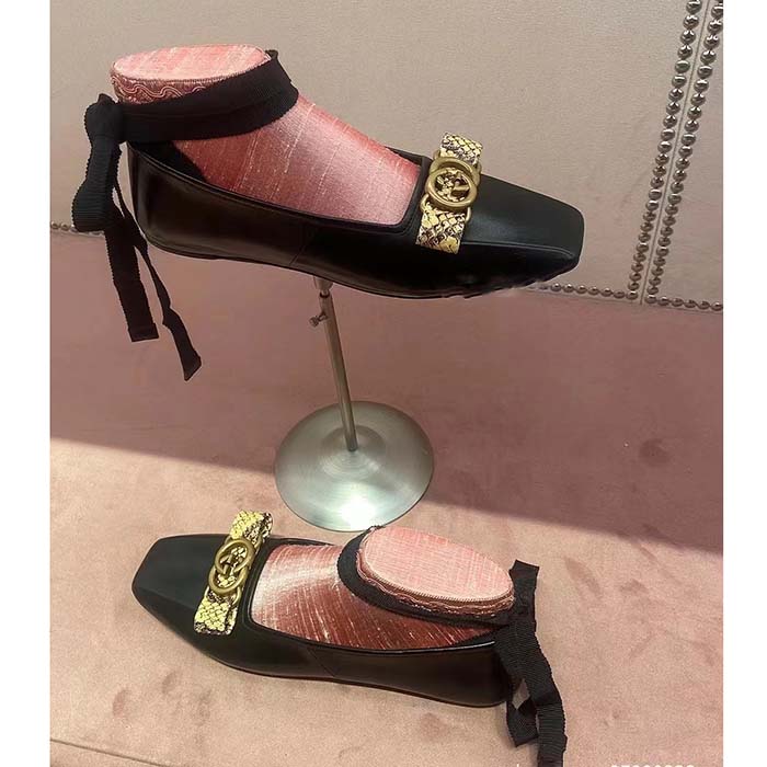 G*u*i women gg interlocking g ballet flat black leather python print leather bow