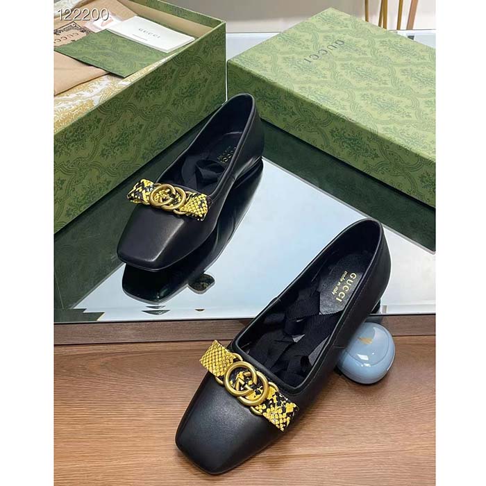 G*u*i women gg interlocking g ballet flat black leather python print leather bow