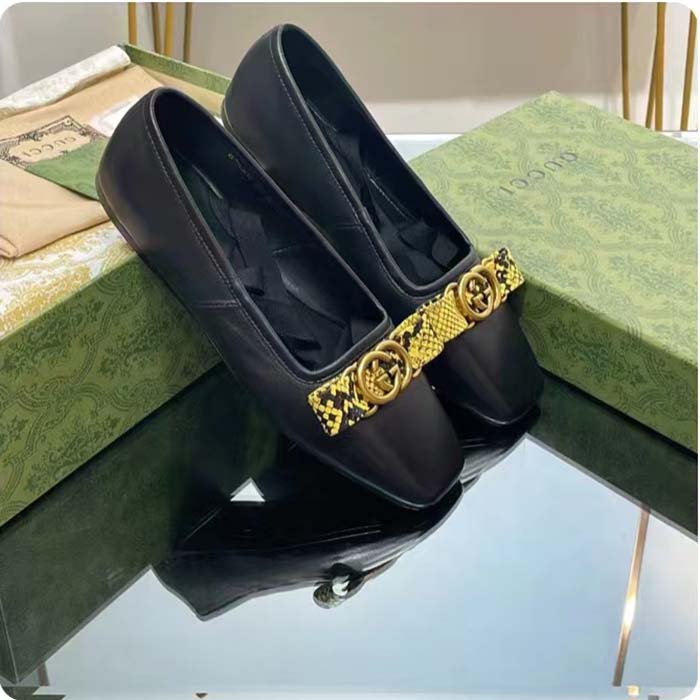 G*u*i women gg interlocking g ballet flat black leather python print leather bow