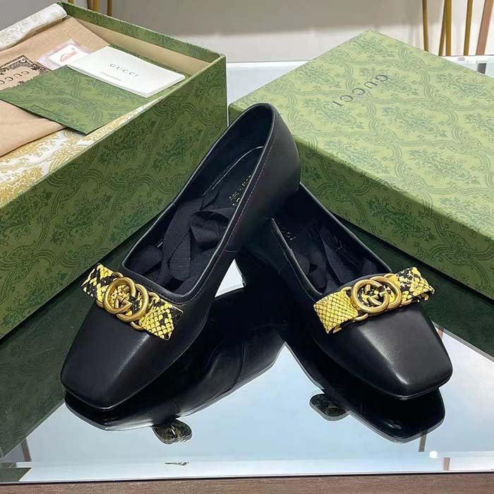 G*u*i women gg interlocking g ballet flat black leather python print leather bow
