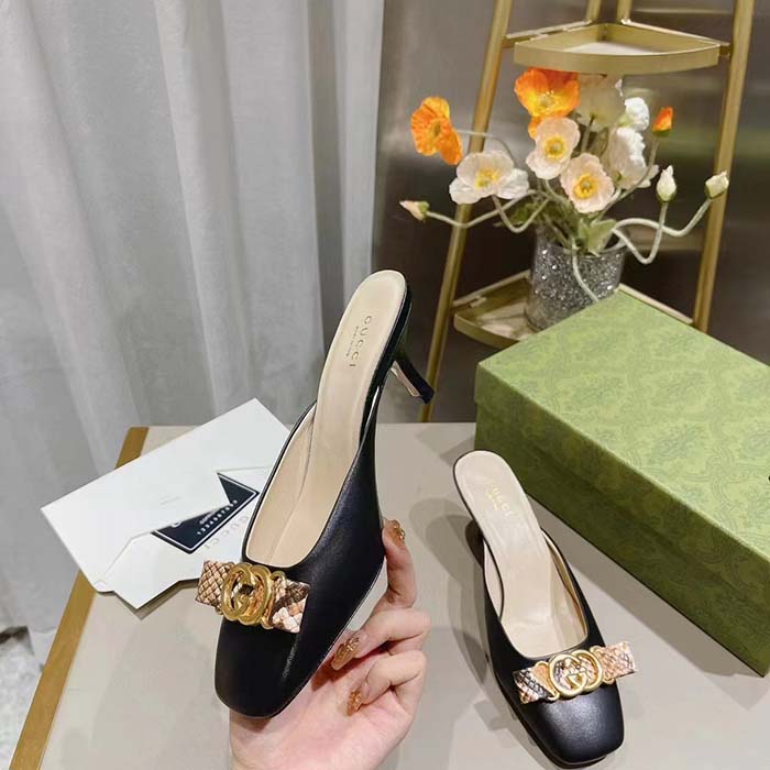 G*u*i women gg interlocking g mule black leather square toe leather mid-heel