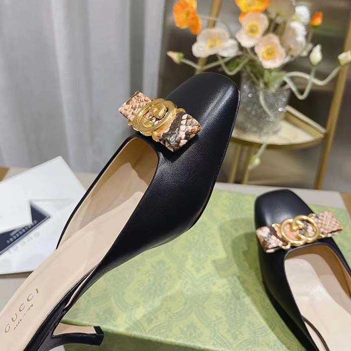G*u*i women gg interlocking g mule black leather square toe leather mid-heel