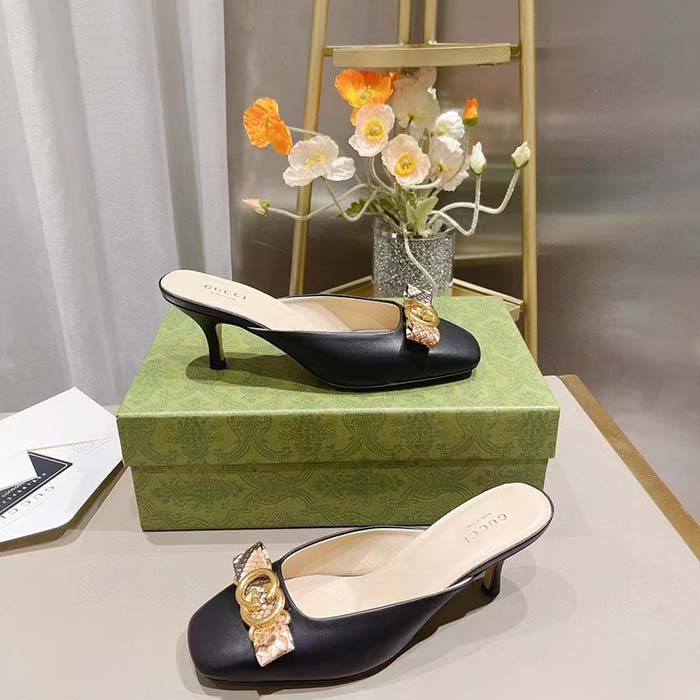 G*u*i women gg interlocking g mule black leather square toe leather mid-heel