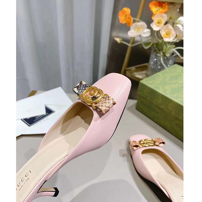 G*u*i women gg interlocking g mule pink leather square toe leather mid-heel