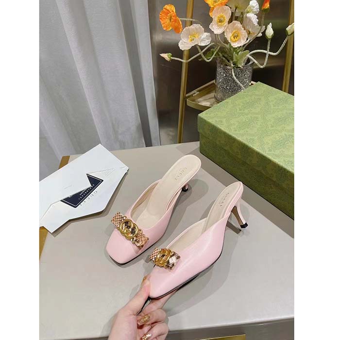 G*u*i women gg interlocking g mule pink leather square toe leather mid-heel