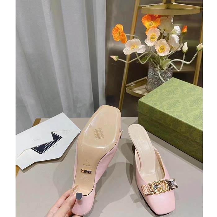 G*u*i women gg interlocking g mule pink leather square toe leather mid-heel