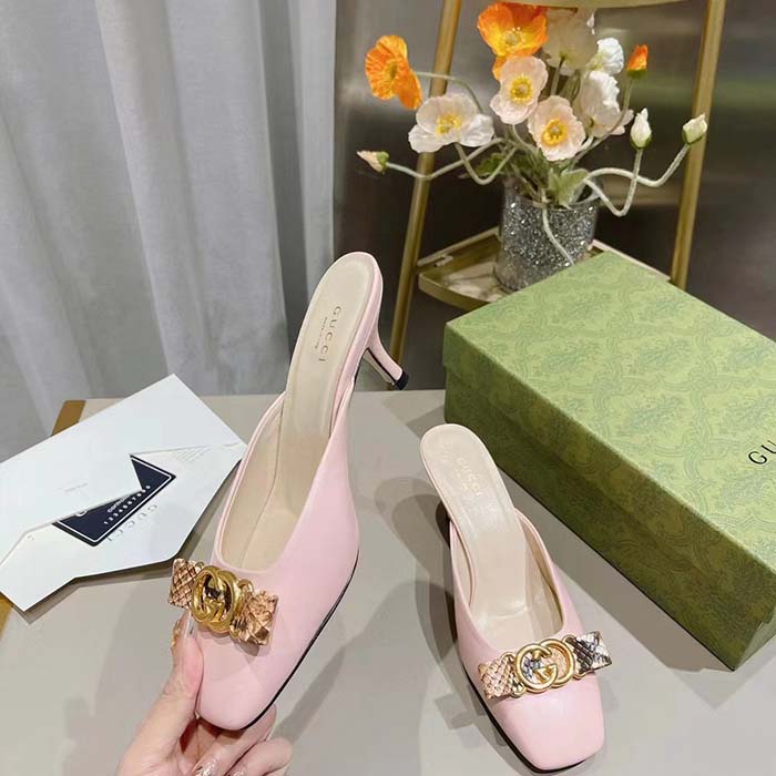 G*u*i women gg interlocking g mule pink leather square toe leather mid-heel