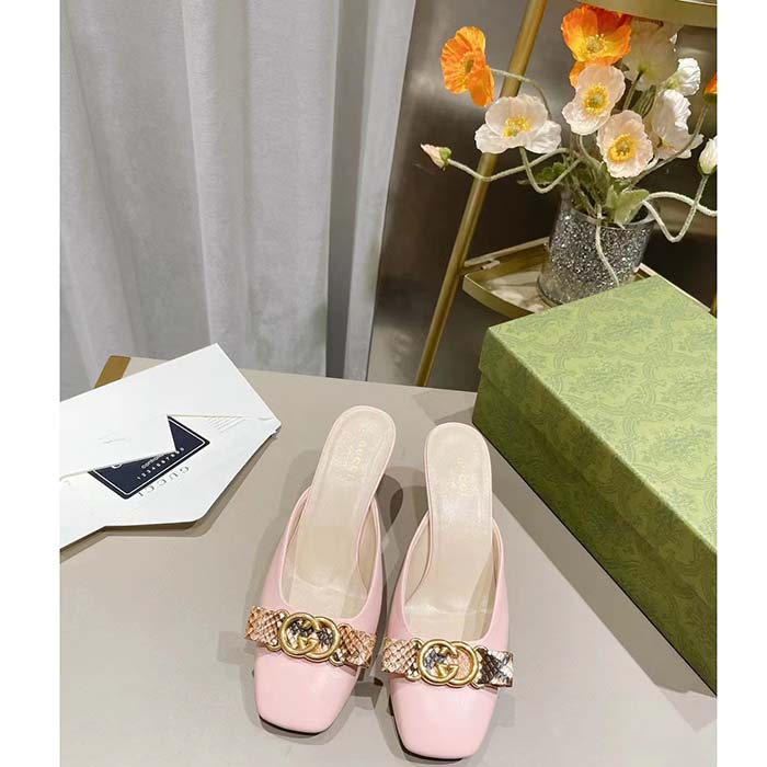 G*u*i women gg interlocking g mule pink leather square toe leather mid-heel