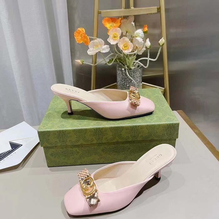 G*u*i women gg interlocking g mule pink leather square toe leather mid-heel