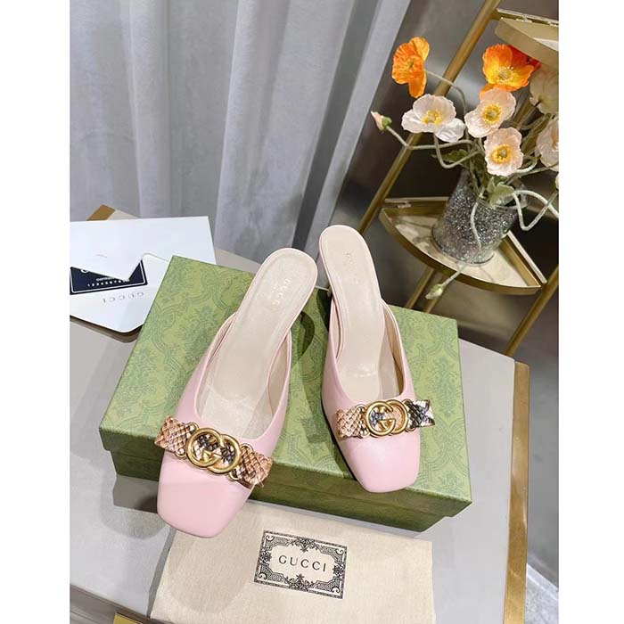 G*u*i women gg interlocking g mule pink leather square toe leather mid-heel