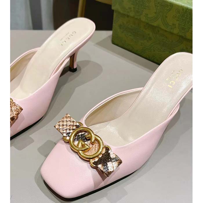 G*u*i women gg interlocking g mule pink leather square toe leather mid-heel
