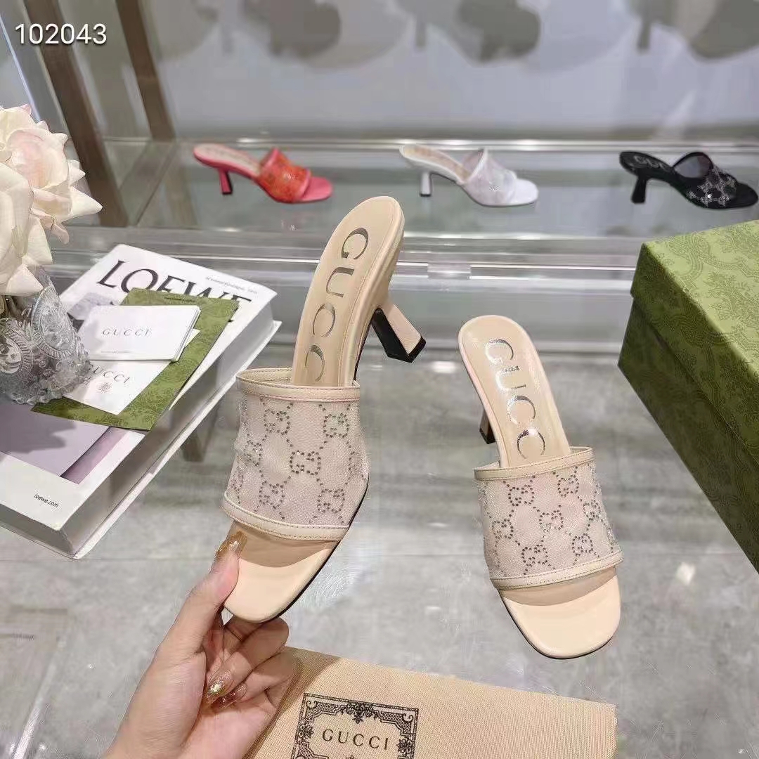 G*u*i women gg mid heel slide sandal rose beige gg crystal mesh 7.6 cm heel