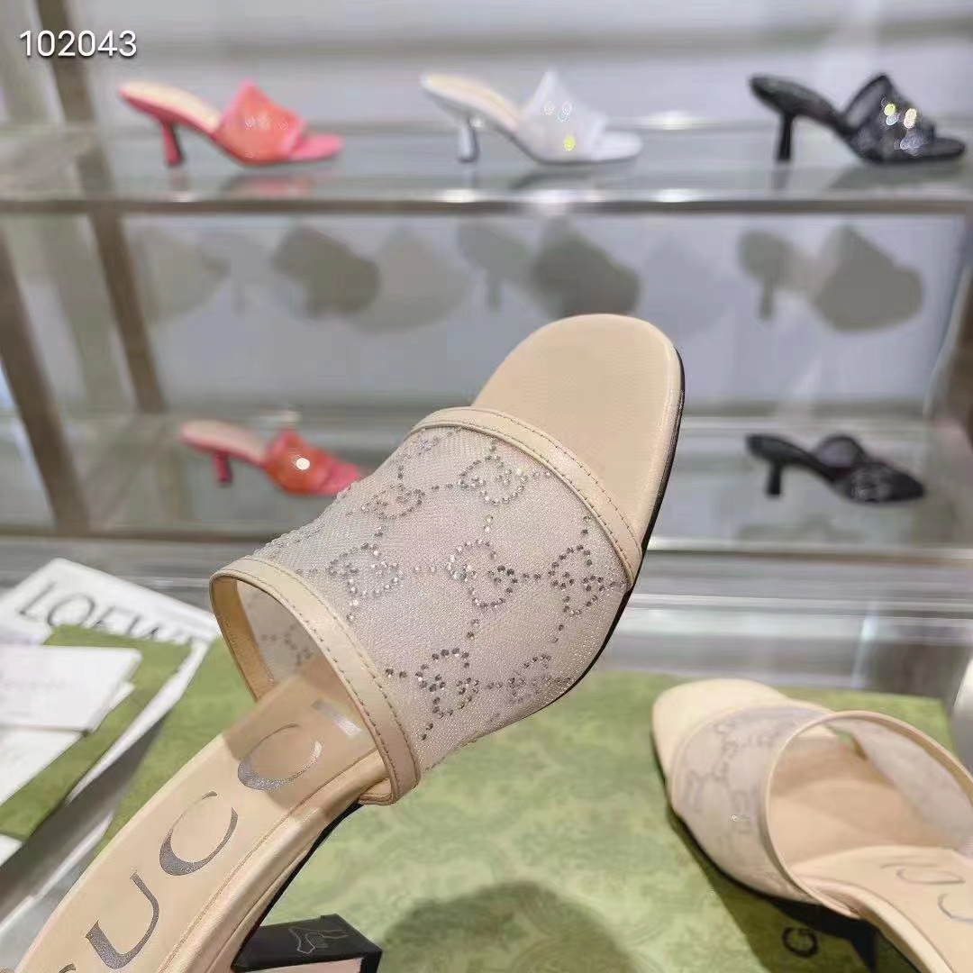 G*u*i women gg mid heel slide sandal rose beige gg crystal mesh 7.6 cm heel