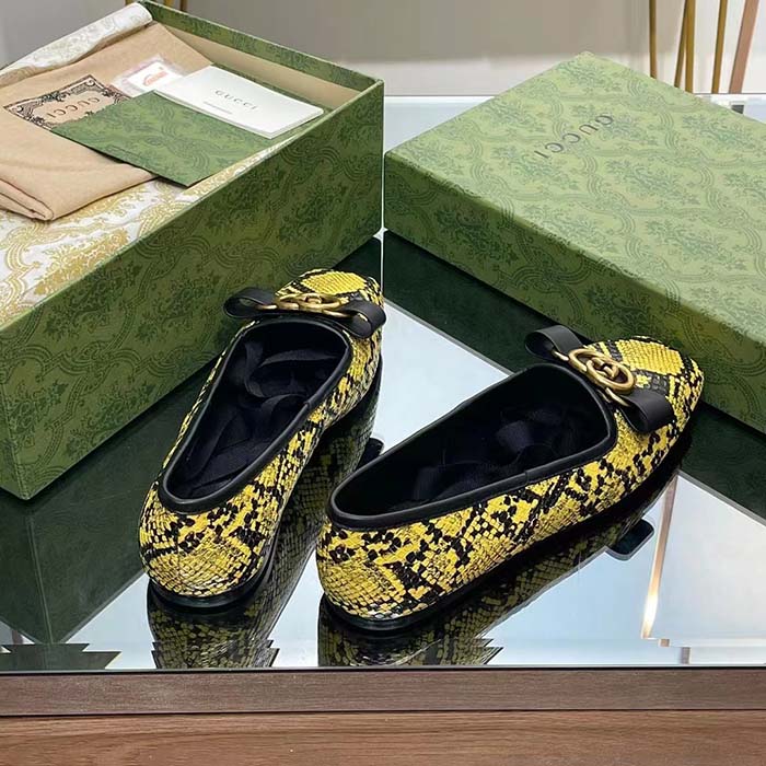 G*u*i women gg python ballet flat yellow black leather interlocking g black leather bow