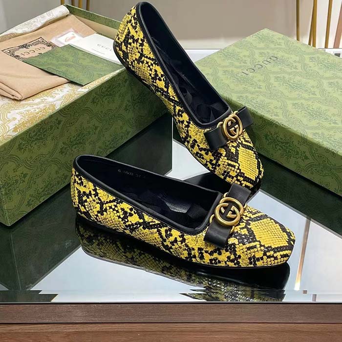 G*u*i women gg python ballet flat yellow black leather interlocking g black leather bow