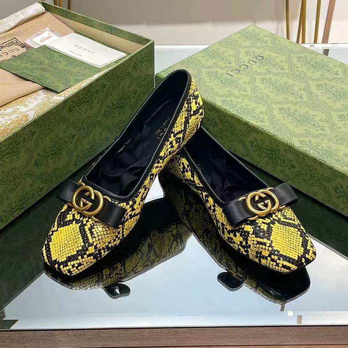 G*u*i women gg python ballet flat yellow black leather interlocking g black leather bow