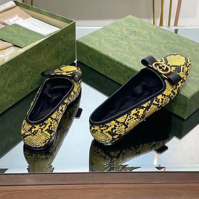 G*u*i women gg python ballet flat yellow black leather interlocking g black leather bow