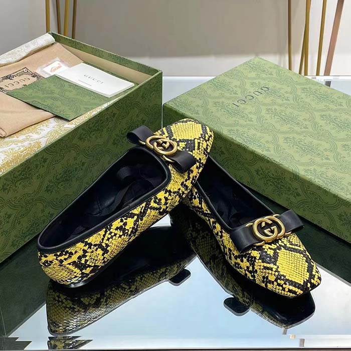 G*u*i women gg python ballet flat yellow black leather interlocking g black leather bow