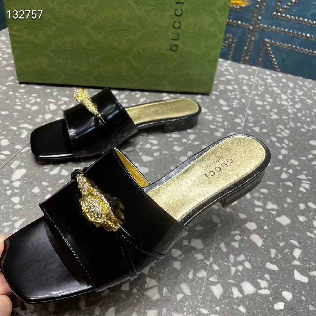 G*u*i women gg slide sandal tiger head black patent leather flat