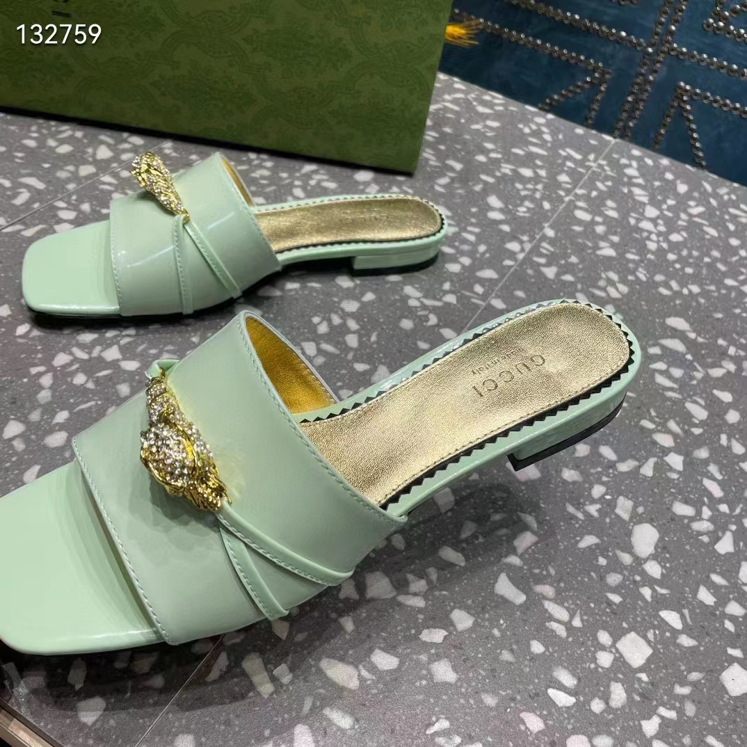 G*u*i women gg slide sandal tiger head light green leather flat