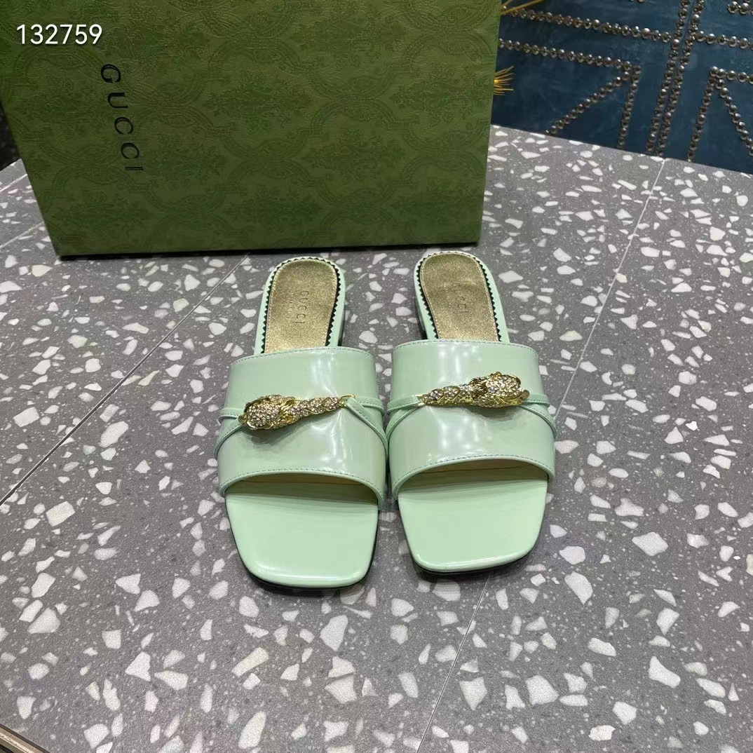 G*u*i women gg slide sandal tiger head light green leather flat