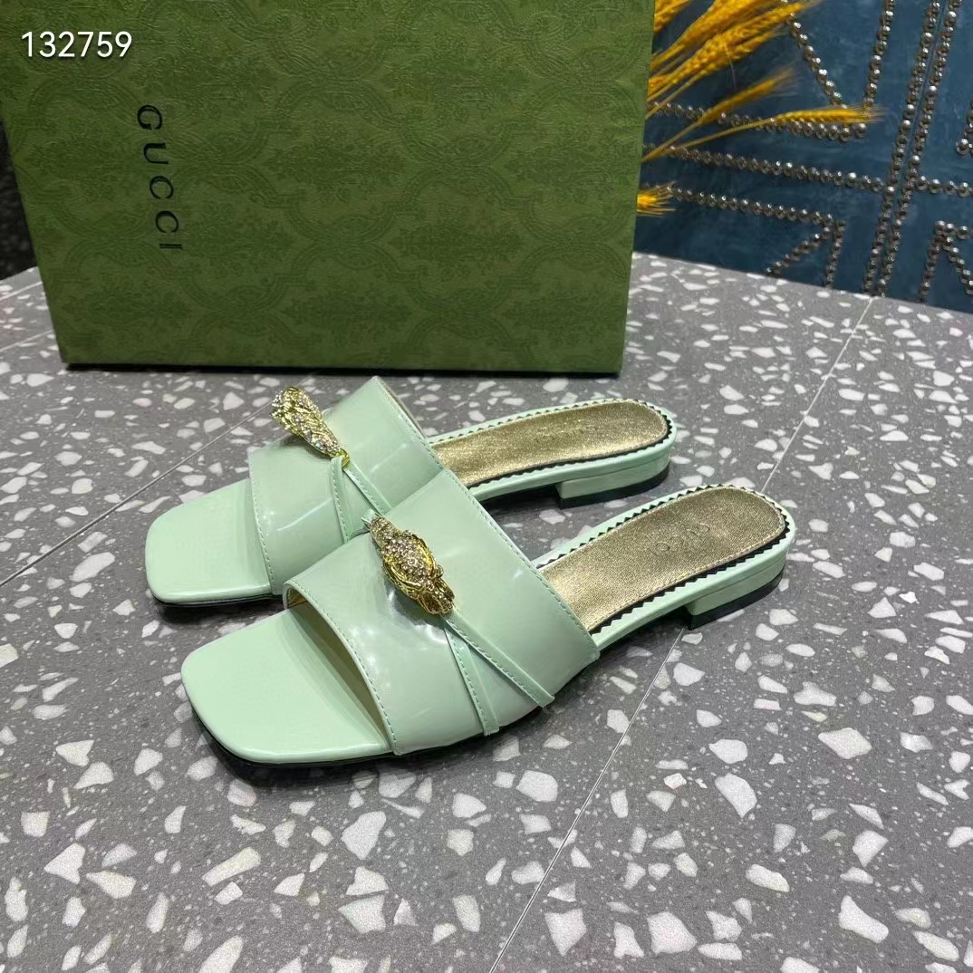 G*u*i women gg slide sandal tiger head light green leather flat