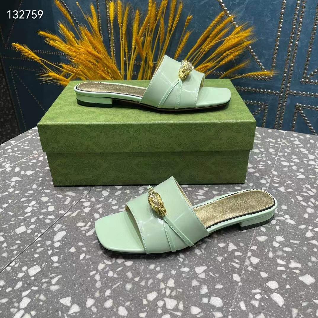 G*u*i women gg slide sandal tiger head light green leather flat